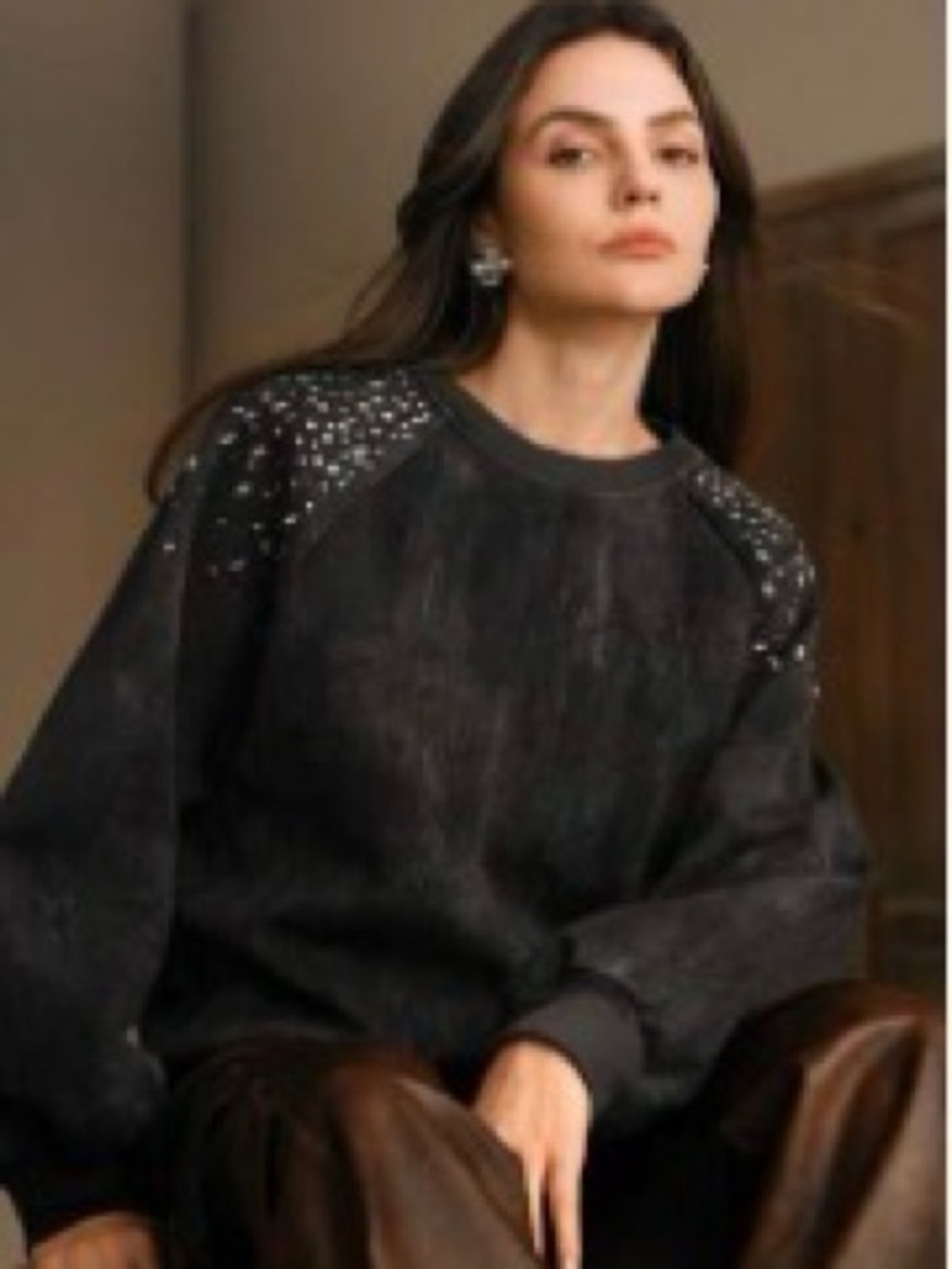 Women's Washed Black Embellished Shoulder Over-Sized Sweatshirt